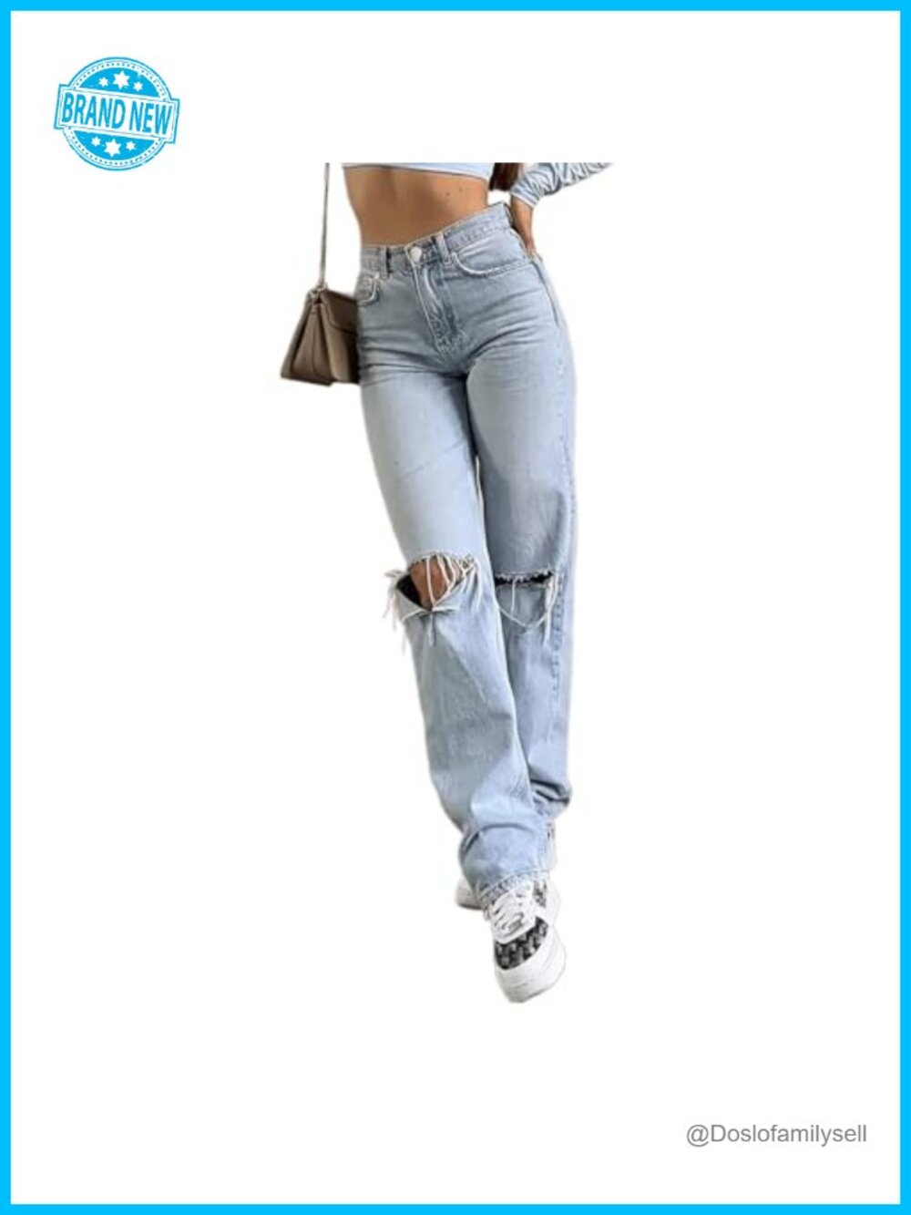 Ripped High Waisted Baggy Straight Leg Jeans Cotton Polyester